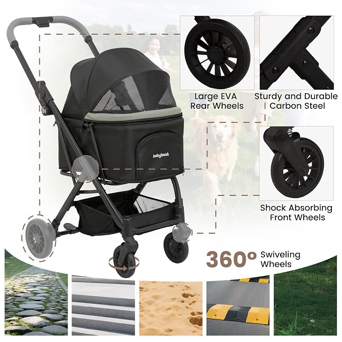 Babyboat Portable Dog Stroller for Small Dogs Cats Up to 35 Lbs - Black | One Hand Folding Compact Travel Pet Stroller with Convertible Canopy, Storage Basket, Cup Holder