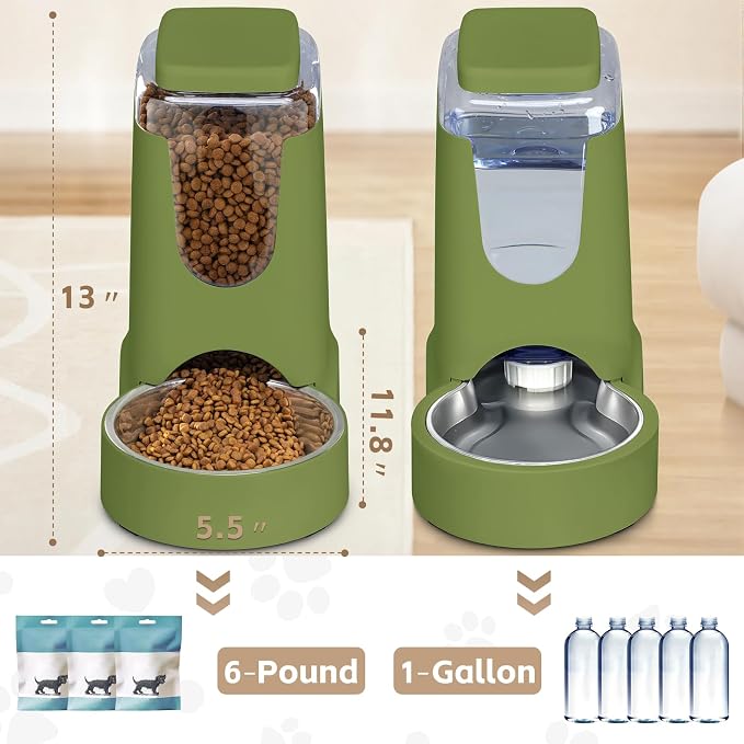 HWONMTE Portable Automatic Cat Feeder and Water Dispenser with Stainless Steel Bowl Dog Gravity Food Feeder and Waterer for Small Medium Pets Puppy Kitten 1 Gallon x 2 (Olive Green)