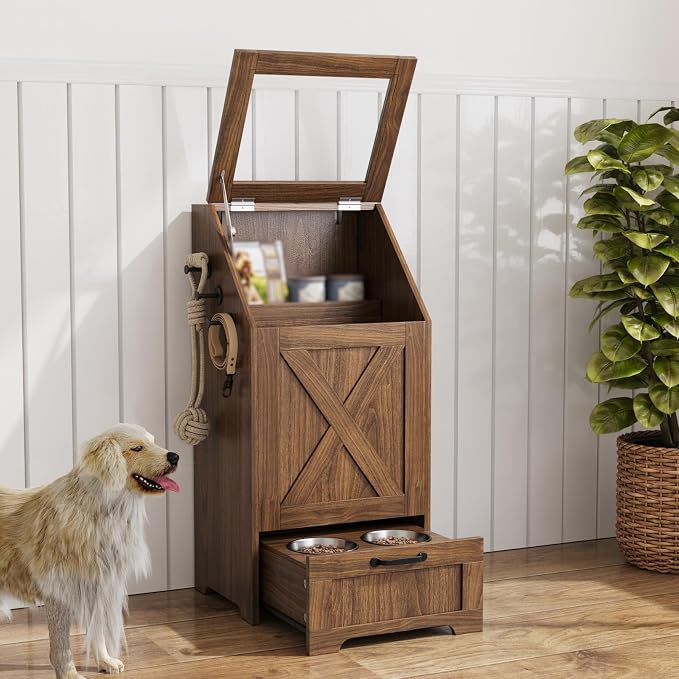 Dog Feeding Station,Dog Food Storage Cabinet,Pet Feeding Station with 2 Elevated Bowls,Hidden Pet Feeder Station with Hooks,Flip Top Pet Storage Organizer for Water,Feeding (Walnut)