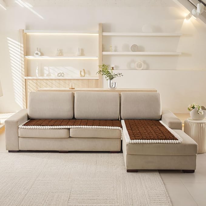 OTOB Sofa Covers for 3 Cushion Couch Washable, All Seasons Non Slip Fuzzy Pet Couch Cover, Soft Plush Geometric Jacquard Sofa Slipcovers, Kids Pet Friendly Dog Bed Mats (Dark Coffee, 27.6" x 70.9")