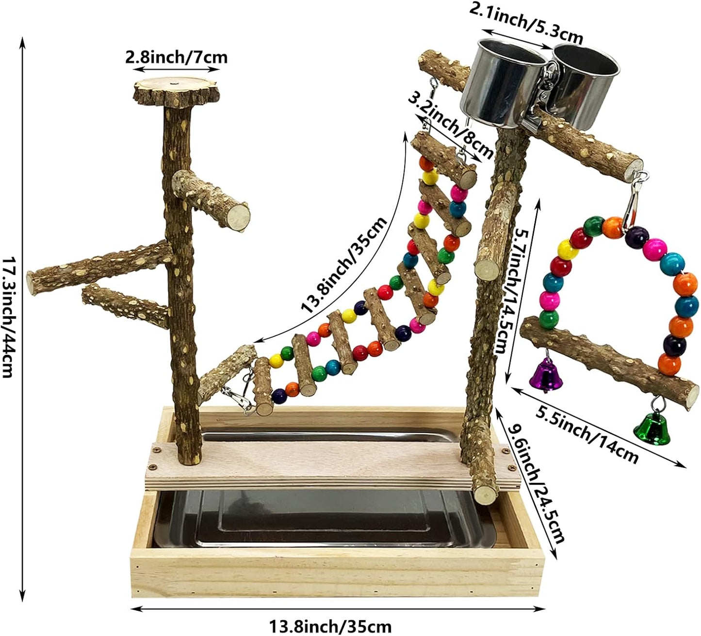 Tfwadmx Bird Playground Natural Wood Bird Play Stands Parrot Perch Stand with Removable Tray Climb Ladders Swing Chewing Toys for Lovebirds Cockatiels Budgies