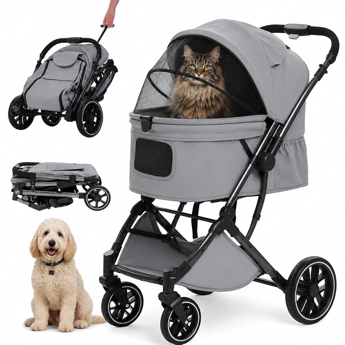 MUTTROS Pet Stroller for Small Medium Dogs & Cats Up to 66lbs, One Click Fold Dog Stroller, Large Cat Stroller w/All Terrain Shock Absorbing Wheels, Reversible Handle, Removable Washable Pad, Grey