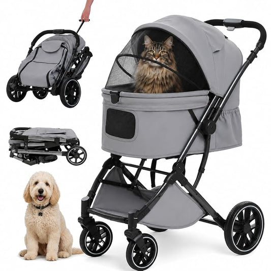 MUTTROS Pet Stroller for Small Medium Dogs & Cats Up to 66lbs, One Click Fold Dog Stroller, Large Cat Stroller w/All Terrain Shock Absorbing Wheels, Reversible Handle, Removable Washable Pad, Grey