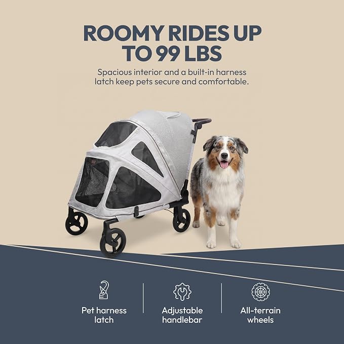 WonderFold Hudson Pet Stroller for Large Pets - super FLATFOLD: Even the Wheels Fold In - GRAY, LARGE