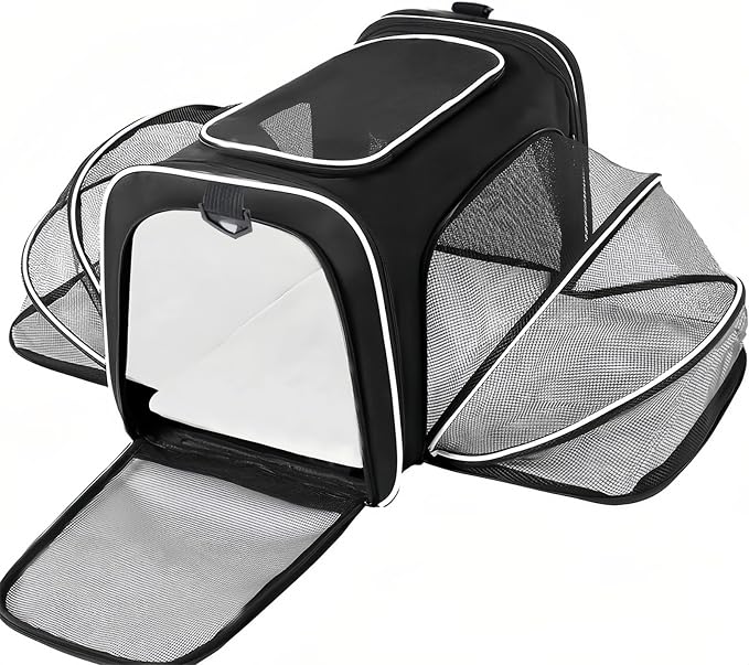 Expandable Cat Carrier Pet Carrier with 2 Extensions,Airline Approved Soft-Sided Portable Dog Travel Washable Carrier for Kittens,Puppies,Removable Soft Plush Mat (Black White, Medium)