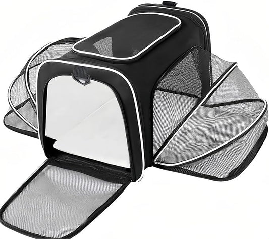 Expandable Cat Carrier Pet Carrier with 2 Extensions,Airline Approved Soft-Sided Portable Dog Travel Washable Carrier for Kittens,Puppies,Removable Soft Plush Mat (Black White, Small)
