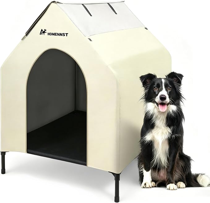 Outdoor Dog House, 2-in-1 Dog House for Small/Medium Dogs, Thicken Weatherproof Canopy Puppy Shelter Elevated Dog Bed with Windows (White, 36 Inch)