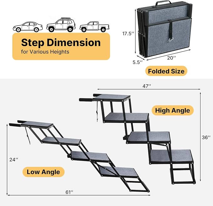 Veehoo Collapsible Dog Stairs for Large Dogs Car Truck SUV, Extra Wide 20" | 4 Steps Pet Ramp for Car Foldable Portable Dog Loader Ramps Ladder Folding Heavy Duty with Non Slip Surface, Up to 200lbs