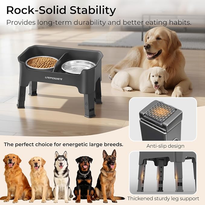 URPOWER Mess Proof Elevated Dog Bowls, Splash Guard Raised Bowl Stand | 4 Adjustable Heights, 2 Stainless Steel Bowls, Food & Water Separation, Foldable Design Non-Slip for Small Medium Large Dogs