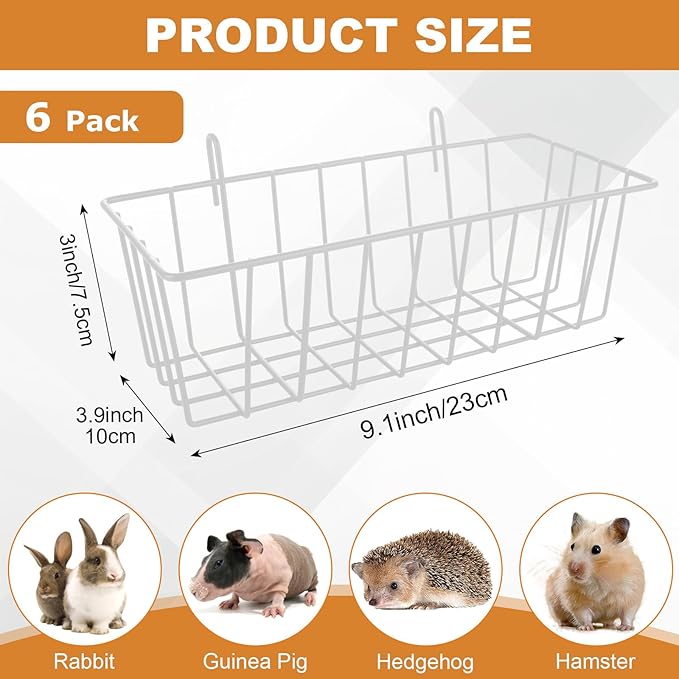 6PCS Heavy Duty Metal Rabbit Hay Feeder Rack with Hooks, 9x4x3 Inch Cage Hanging Holder for Bunnies and Guinea Pigs (White)