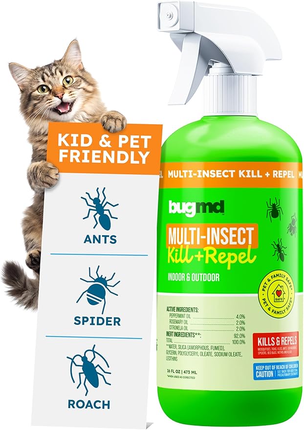 BugMD Pet Safe Multi-Insect Killer & Repellent | Peppermint Oil Spray for Spiders, Ants & Roaches | Indoor & Outdoor Bug Spray