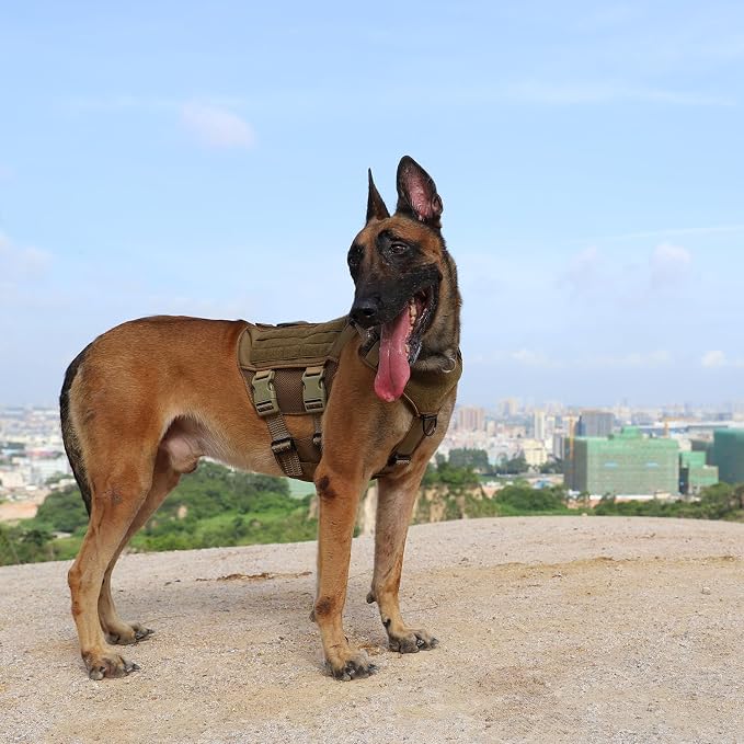 ICEFANG Tactical Mesh Dog Harness for Medium Dogs,Reflective Dog Molle Vest | Summer-Cooling, Control Handle,Adjustable,Front Hook,3 Leash Clips,Soft Padded,No Pull,Brown,Medium