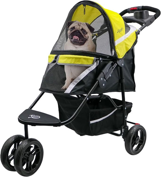 Petique Revolutionary Durable Pet Stroller, Easy Fold, Quality mesh Windows, Large Storage Basket, Secure Cup Holder Tray, Small/Medium Dogs, Cats and Pets, Supports up to 55LBS - Sunshine (Yellow)