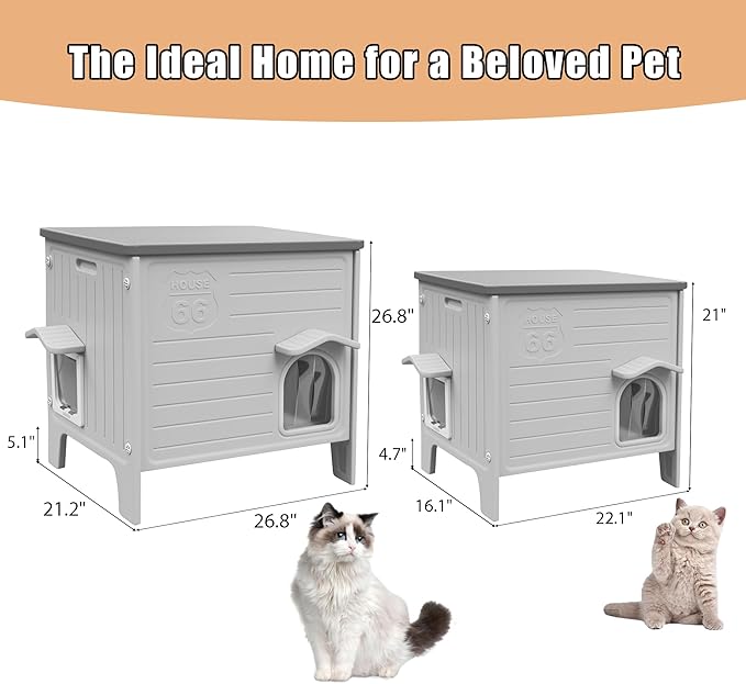 Plastic Cat House Outdoor with Soft Mat - Feral Cat Houses | with Escape Door, Waterproof Outdoor Cat House for Feral Cats, Outside Cat Shelter,Assemble Easily