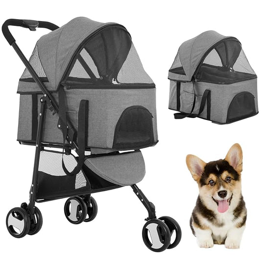 BestPet 3-Wheels Pet Stroller - Dog & Cat Premium 3-in-1 Multifunction Detachable Carrier Lightweight Folding Travel Stroller, Grey