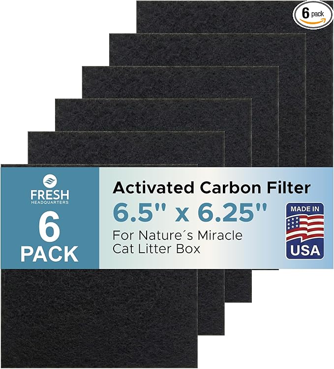 Fresh Headquarters 6-Pack Activated Carbon Cat Litter Box Filter Replacement for Nature's Miracle Corner Box - Charcoal Filters for Hooded Litter Boxes - Odor Control - Made in USA - 6.5" x 6.25"