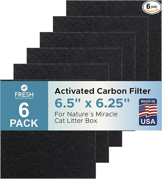 Fresh Headquarters 6-Pack Activated Carbon Cat Litter Box Filter Replacement for Nature's Miracle Corner Box - Charcoal Filters for Hooded Litter Boxes - Odor Control - Made in USA - 6.5" x 6.25"