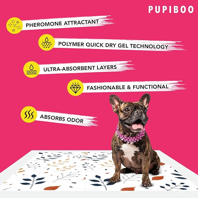 Pupiboo Disposable Dog and Cat Training Pads – Leaves Pattern, Highly Absorbent Pee Pads, Leak Proof Backing, Pheromonal Attractant for Housebreaking & Potty Training – 23x23 in (100 Count)