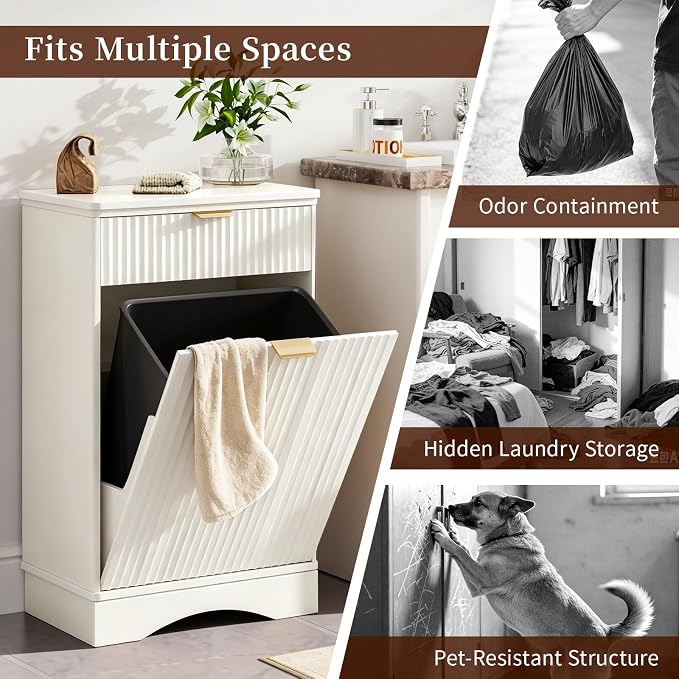 Tilt Out Trash Can Cabinet with Dog Bowl, 10 Gallons Dog Feeding Station with Storage Cabinet, Pet Feeder Cabinet with Hideaway Drawer for Kitchen, Living Room (Tilt-Out Dog Feeding Station-White)