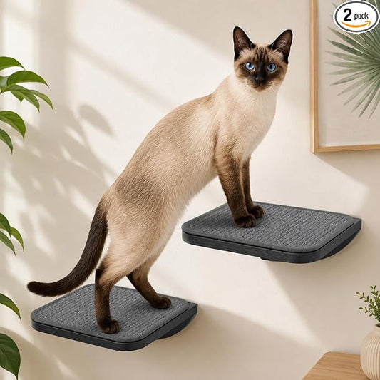 Grey Sisal-Padded Cat Wall Steps (2-Pack), Floating Wooden Cat Perch and Climbing Step Set, Wall Mounted Furniture for Jumping & Play