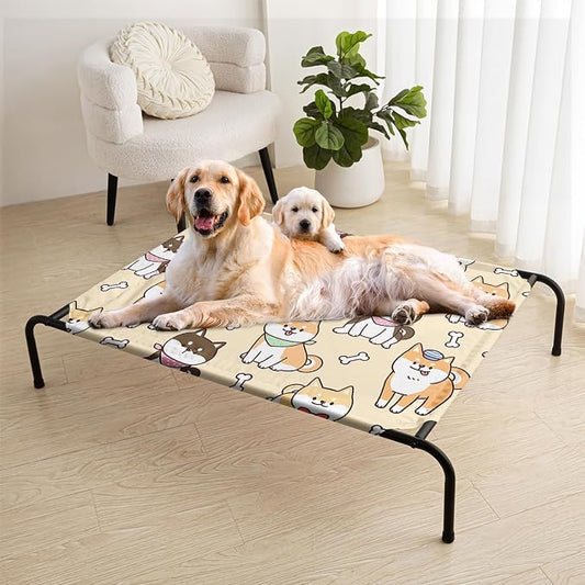 Kawaii Yellow Dogs Bone Pattern Orthopedic Elevated Dog Pet Bed (47"X31"X9"),with Metal Frame,Breathable Waterproof Dog Kennel,Sleeping Bed for Small Medium Large Dogs Cats,for Home,Outdoor Use
