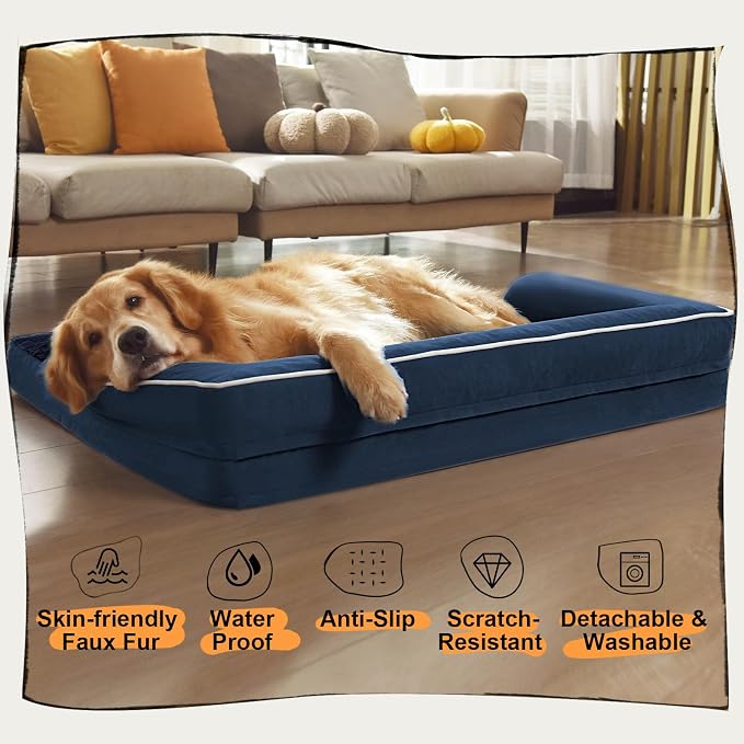 Orthopedic Waterproof Dog Bed with Bolster for Extra Large Size Dogs | Pillow Support for Neck Relief, Egg Crate Foam, Waterproof Liner, Anti-Slip Bottom, Removable Bolster Cover, 48 x 33 Inch