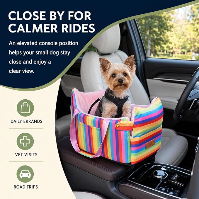 Console Dog Car Seat for Small Dogs to 15lbs (Rainbow Stripes) | Center Console Puppy Booster and Portable Travel Bed, Anti-Collapse Design with Washable Fluffy Cushion