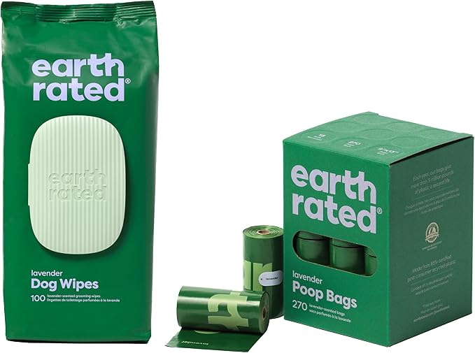 Earth Rated Essentials Bundle - 100 Lavender-scented Grooming Wipes and 270 Dog Waste Bags