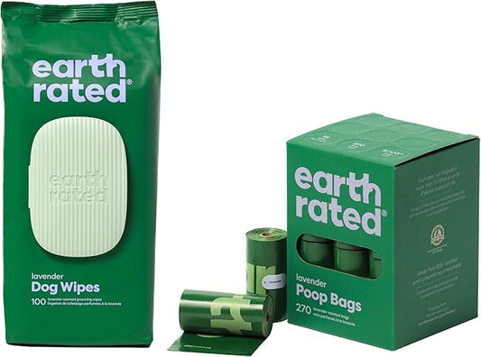 Earth Rated Essentials Bundle - 100 Lavender-scented Grooming Wipes and 270 Dog Waste Bags