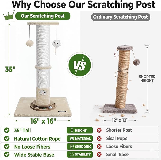 35-Inch Tall Cat Scratching Post, Stable Base for Large Cats, Beige | Heavy-Duty, Soft Natural Cotton Rope Cat Scratcher, Interactive Cat Toys, Wooden Ball Track, for Kittens and Indoor