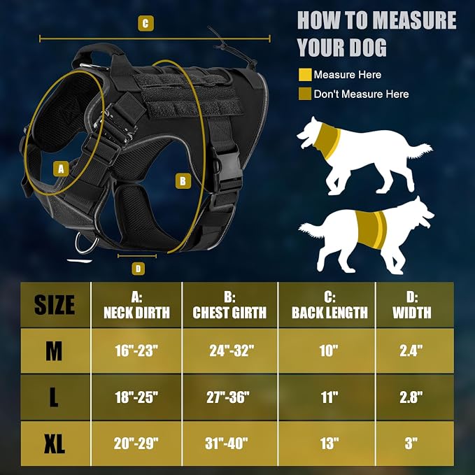 Tactical Dog Harness, Military Reflective Dog Harness | 2X Metal Buckle，Hidden Airtag Holder and Handle, Adjustable No-Pull Service Dog Vest with Molle & Loop Panels