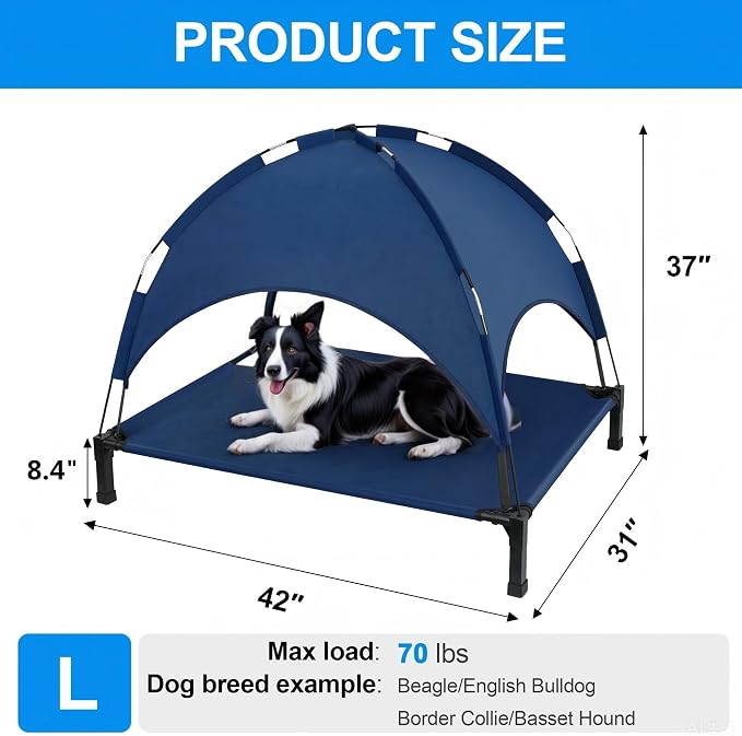 Elevated Dog Bed with Canopy, 42in Raised Pet Cot Large Sized Dog | Outdoor Dog Bed, Removable Sun Shade, Orthopedic, For Medium/Large Dogs up to 70lbs, Breathable Mesh,Camping Beach Backyard