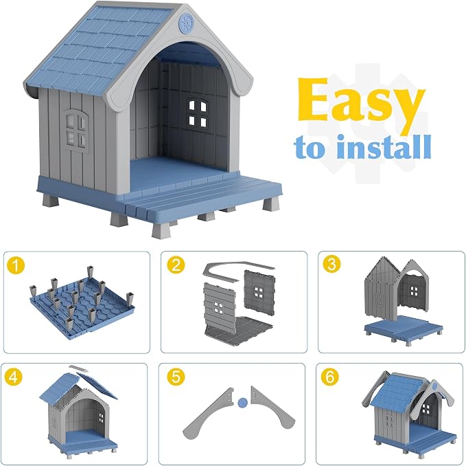 Bifanuo Dog House Outdoor Weatherproof with Porch for Small Medium Dogs, Durable Plastic Pet House with Sloping roof and Elevated Floor, Easy Cleaning and Assemble (Blue, 32.95"D x 31.5"W x 37.88"H)