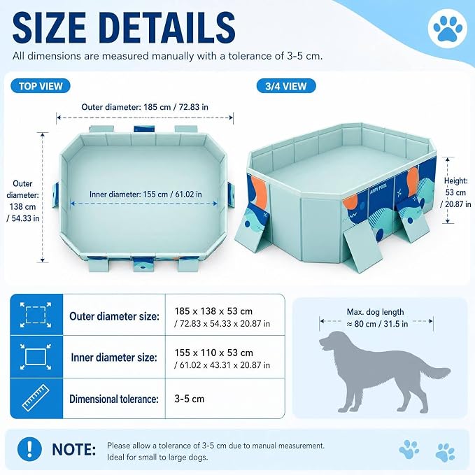 61" Foldable Dog Bath Pool, Non-Inflatable Hexagonal Pet Bath Tub for Medium to Large Dogs, Thickened PVC Collapsible Dog Pool with Drain Hole, Non-Slip Base, Portable Outdoor Wash Station