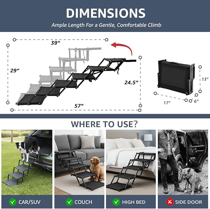 Oiilores Foldable Dog Stairs for Large Dogs - Extra Wide Pet Ramp for Cars, SUV, Truck & High Beds, Non-Slip Surface, Supports Up to 250 Lbs, 6 Steps
