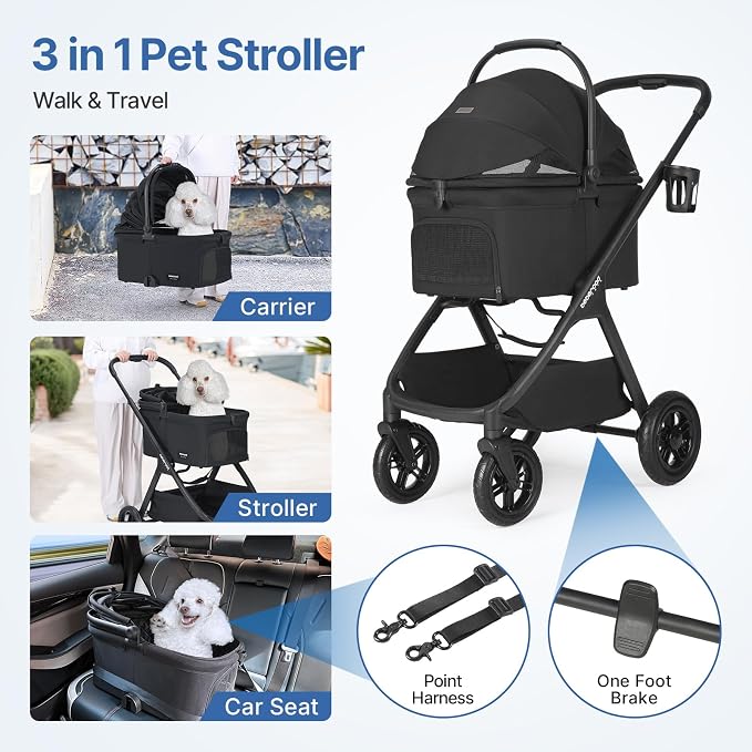 X-5 Pet Stroller with Inflatable Wheels for Medium Pets Black | Adjustable Handle, 55lbs Load, 3-in-1 Detachable Carrier, All-Terrain Inflatable Wheels, One-Touch Fold