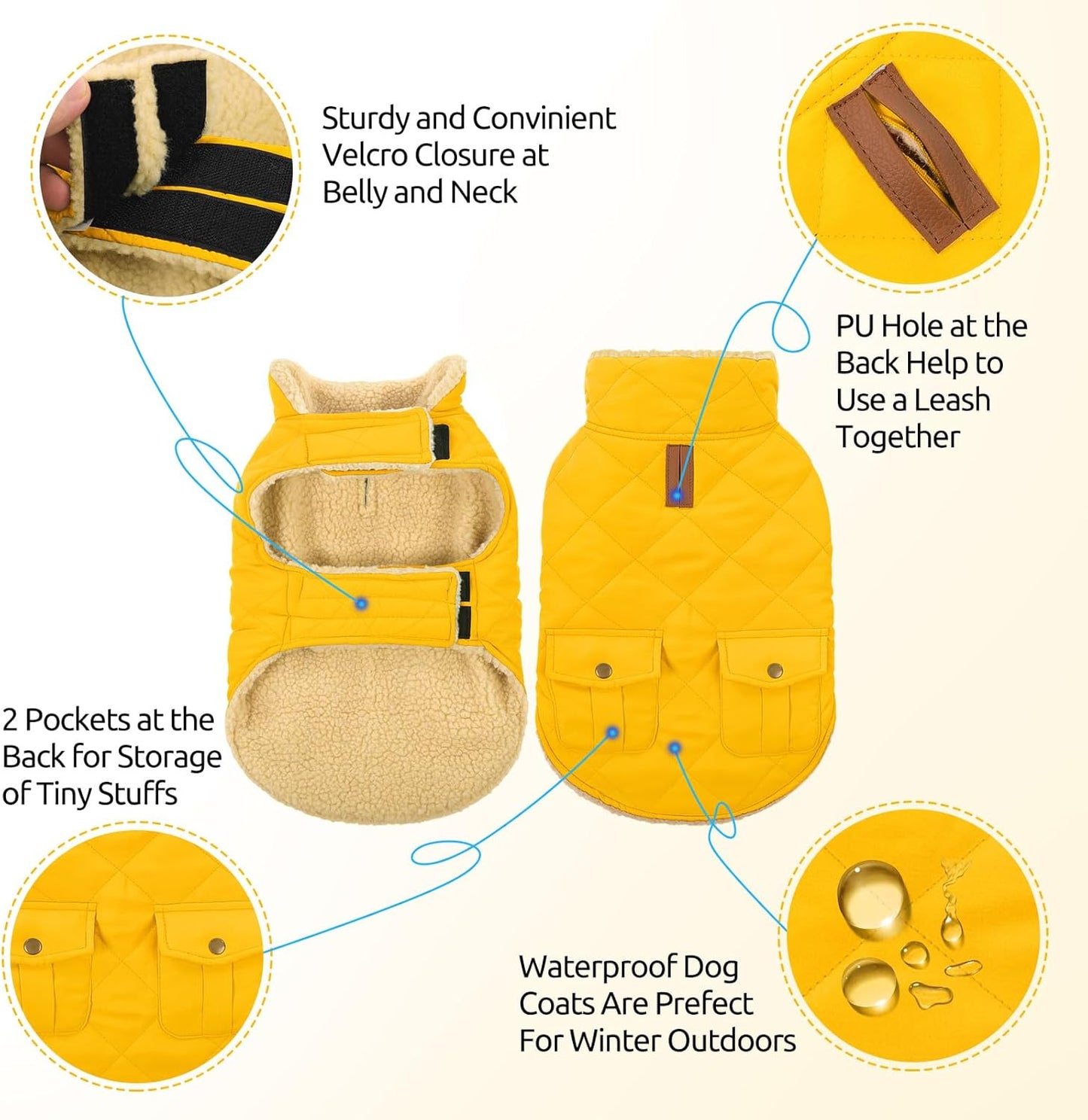 Queenmore Dog Winter Coat Warm Puffer Jacket Waterproof Plush Lining Thermal Cold Weather Vest for Small Medium Large Dogs, Windproof Easy On Pet Jacket Yellow L