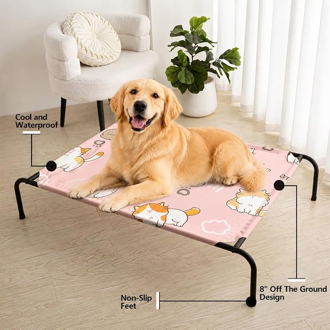 Kawaii Cat Pattern Orthopedic Elevated Dog Pet Bed(35"X25"X8"),with Metal Frame,Printing Breathable Waterproof Dog Kennel,Sleeping Bed Set for Small Medium Large Dogs Cats,for Home,Outdoor Use