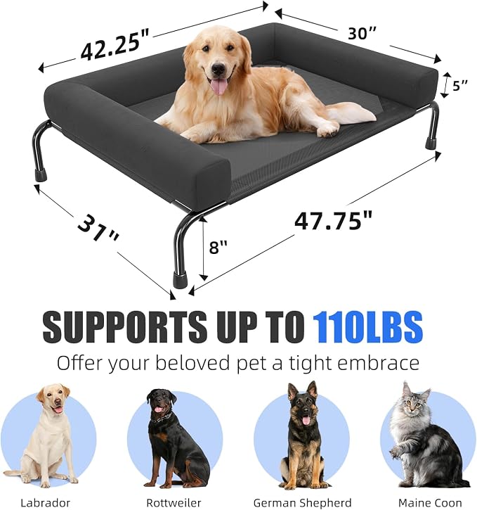 Simple Trending Elevated Dog Bed for Large Dogs with Bolsters, Black | Cooling Raised Dog Cot, Breathable Pet Bed for Outdoor, 47.75" x 31"