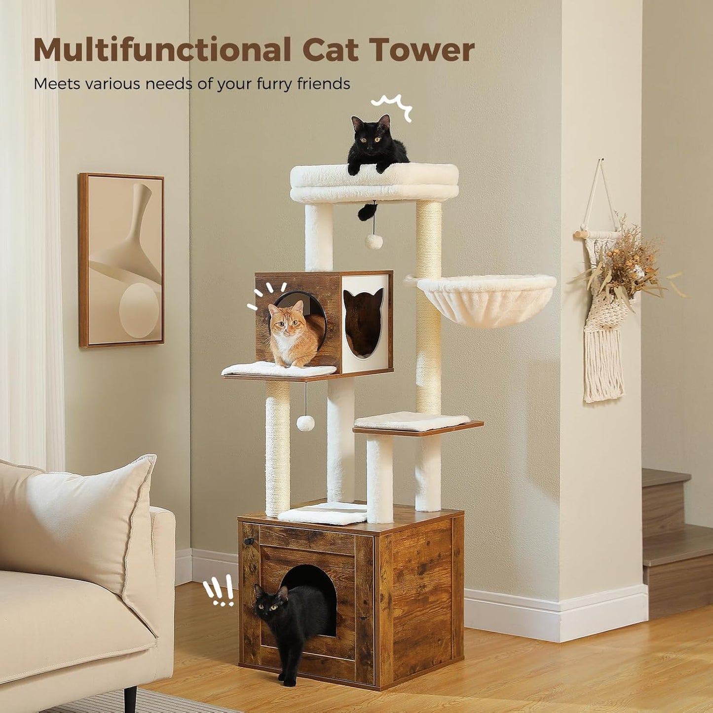 Tall Cat Tree with Litter Box Enclosure 57.5" Wooden Cat Tower for Large Cats with Cat Hammock House Bed (Wood Walnut)