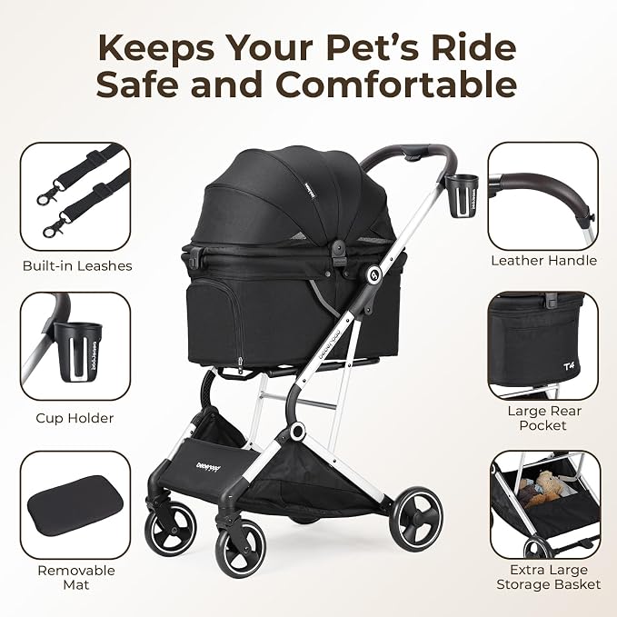 T4 Pet Stroller for Small Medium Dogs, Cat Strollers for 2 Cats, 4 Wheels Folding Pet Stroller for Cats with Pad, Canopy and Cup Holder, Black