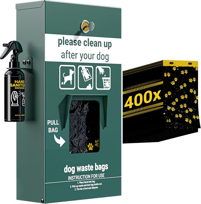 EMMA + OLIVER Locking Dog Waste Bag Dispenser | Locking Dispenser, Glow in the Dark Sign, Hand Sanitizer Bottle and Rain Guard, 400 Pull Out Header Bags Included