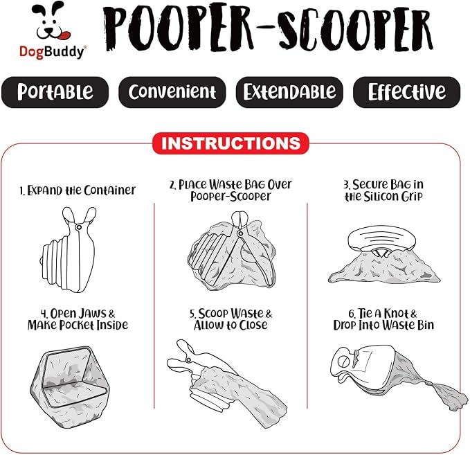 DogBuddy Pooper Scooper, Portable Dog Pooper Scooper, Poop Scooper for Small and Large Dogs, Pooper Scooper with Bag Attachment, Leash Clip and Dog Waste Bags Included (Large, Mist)