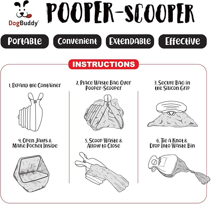 DogBuddy Pooper Scooper, Portable Dog Pooper Scooper, Poop Scooper for Small and Large Dogs, Pooper Scooper with Bag Attachment, Leash Clip and Dog Waste Bags Included (Large, Kiwi)