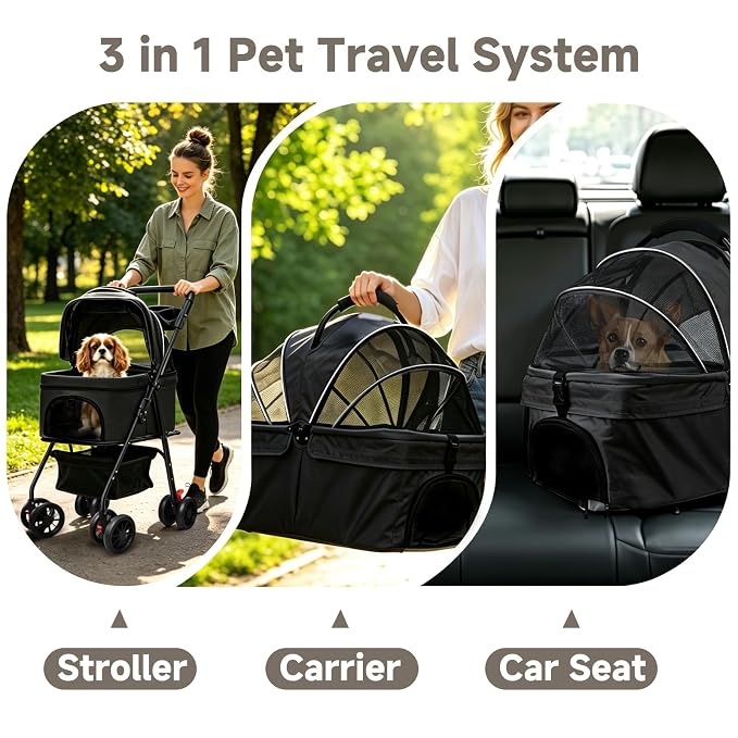Pet Stroller for Small Dogs and Cats with 4 Wheels, 3 in 1 Foldable Dog Stroller with Detachable Carrier, Breathable Mesh, Storage Basket & Cup Holder, Up to 33 lbs