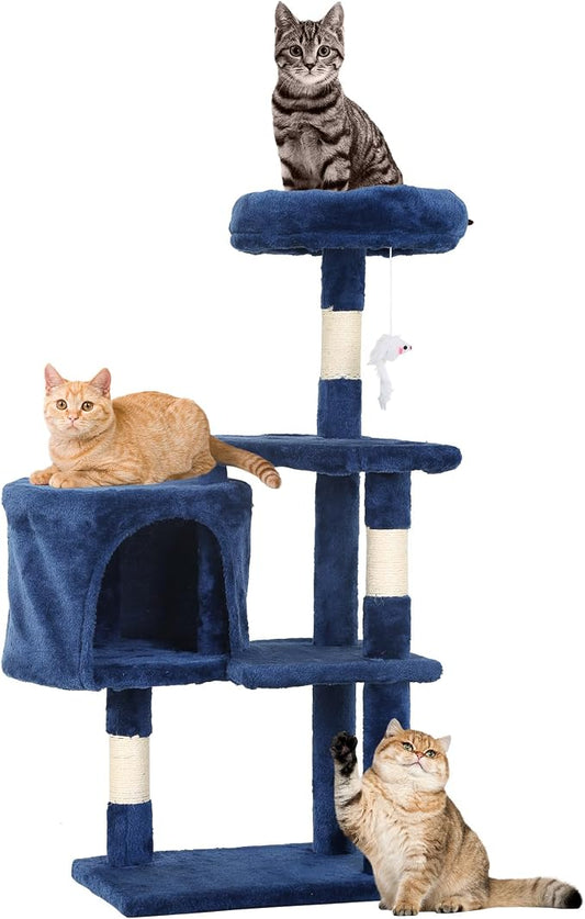 FDW | 36" Cat Tree Tower | Navy Blue | Multi-Level Indoor Activity Center with Sisal Scratching Posts, Condos, Plush Perches, Hanging Cat Toys | Sturdy, Easy to Assemble | for Kittens & Adult Cats