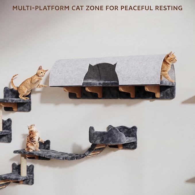 Cat Wall Furniture, 16 in 1 Cat Shelves w/Tunnel & Bridge, Grey | Wall Mounted Cats Shelf Set with Plush Fabric, Cat Climbing Wall Systems for 16 Inch Drywall, with Scratching Posts, Condos