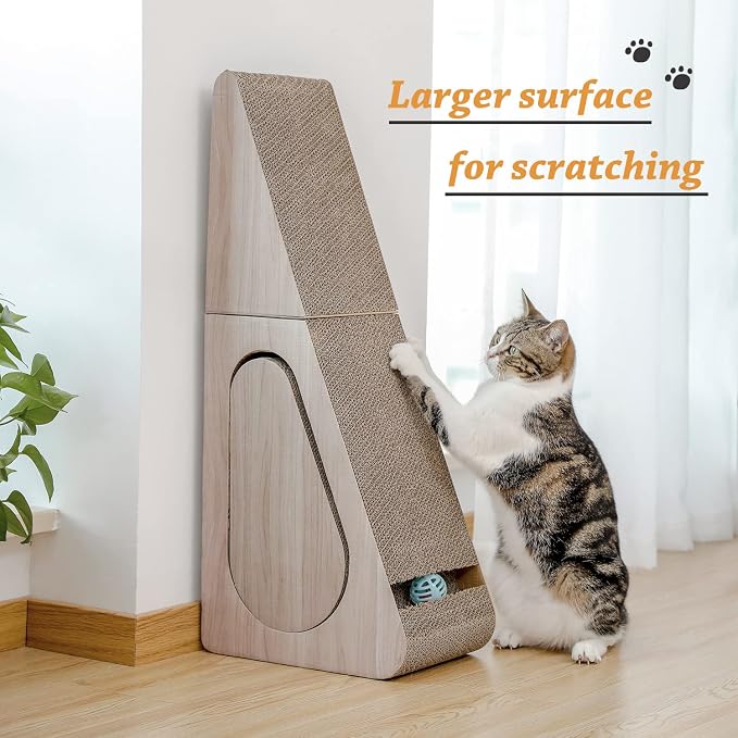 PAWZ Road 28.3" Cardboard Cat Scratcher Triangle 2 in 1 Cat Scratching Ramp | Incline Cat Scratching Pad,Cardboard Scratching Post Double as Cat Tunnel Scratcher with Interactive Toy Balls for Indoor Cat