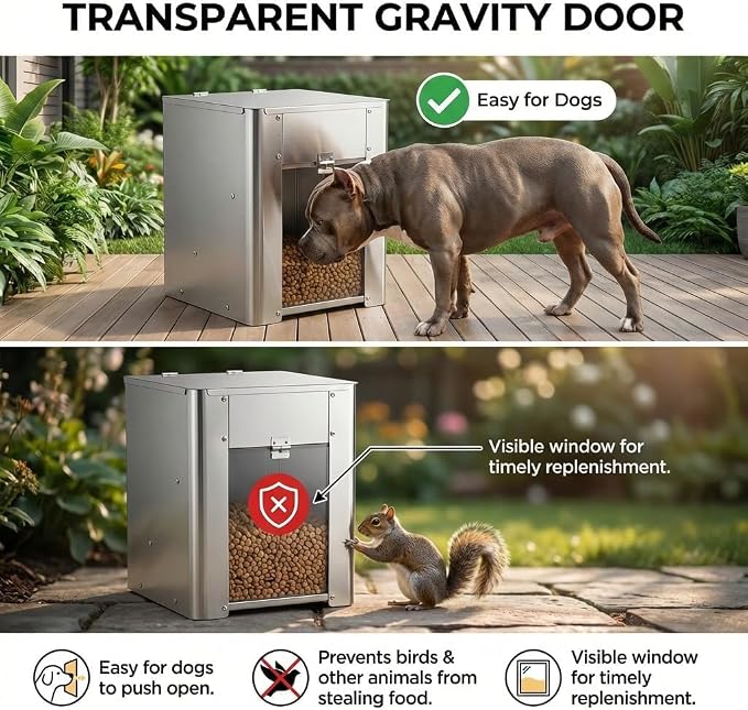 6.8L(15 lbs) Gravity Dog Feeder – Stainless Steel Automatic Pet Food Dispenser, No Power Outdoor Dog Feeder, for cat and Small Dog, Wall Mount or Floor Pet Feeding Station,Weather-Resistant