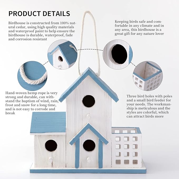HHWODB Birdhouse Premium Bluebird Houses for Outside Attract Beautiful Birds to Your Garden and Yard Durable Outdoor Birdhouses 3 Hole Bird Houses for Outside Hanging